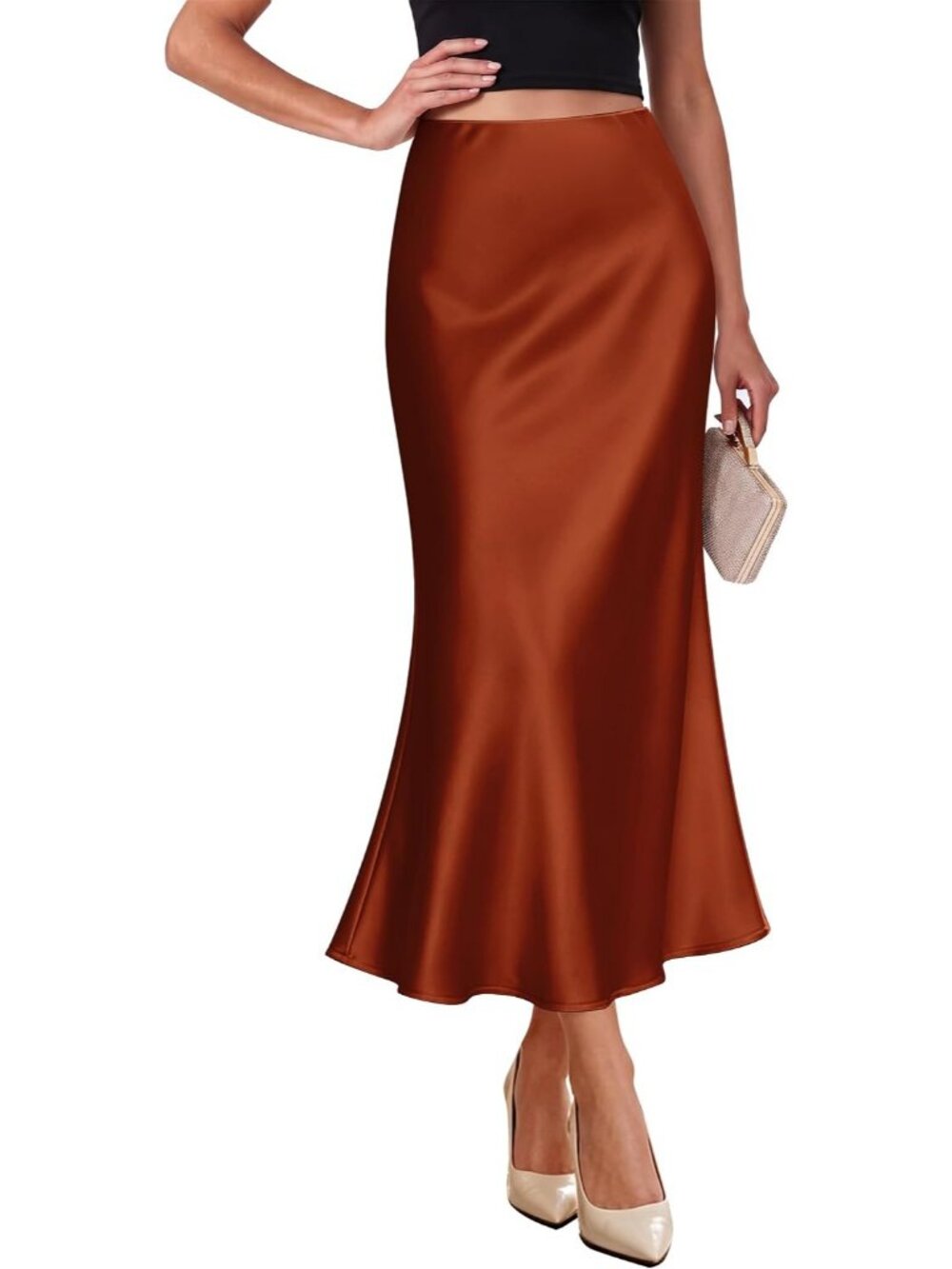 Women's Caramel Elegant Satin High Waist Silk Bias Cut Slip Pull On Midi Skirt